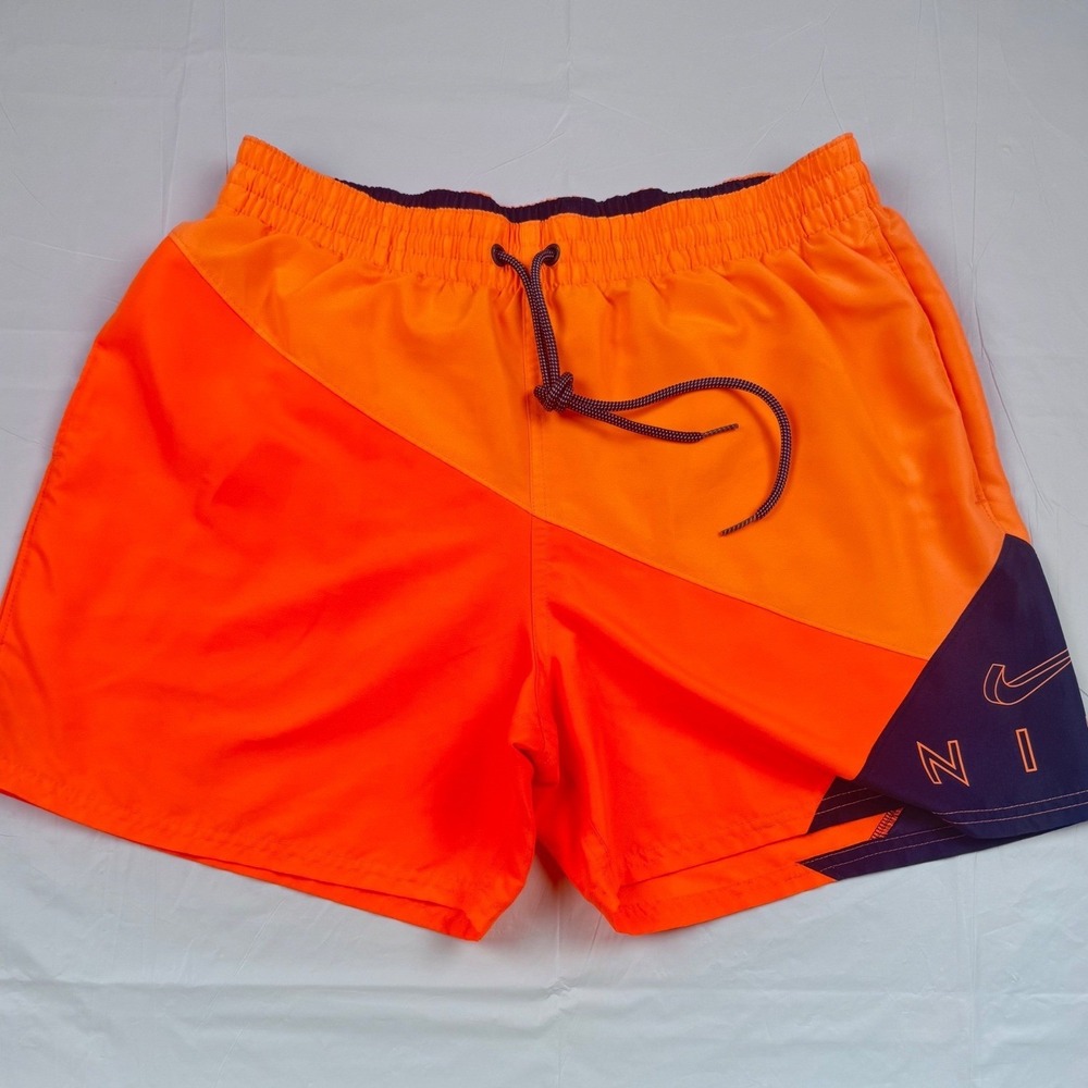 Nike Men's Colorblock Swim Trunks Orange Navy Logo Drawstring Shorts Size Med